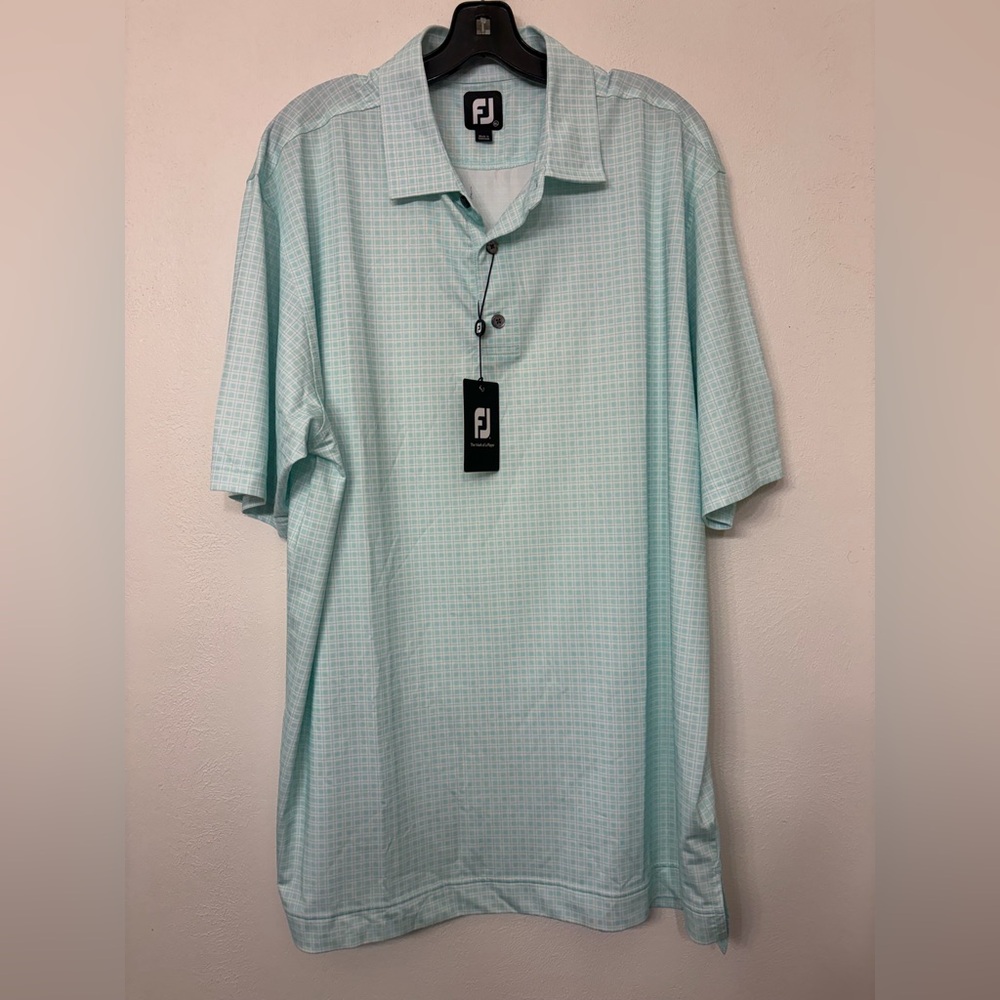NEW FootJoy Men’s Mint Lisle Plaid Print Self Collar Golf Polo, Galaxy Logo, XL